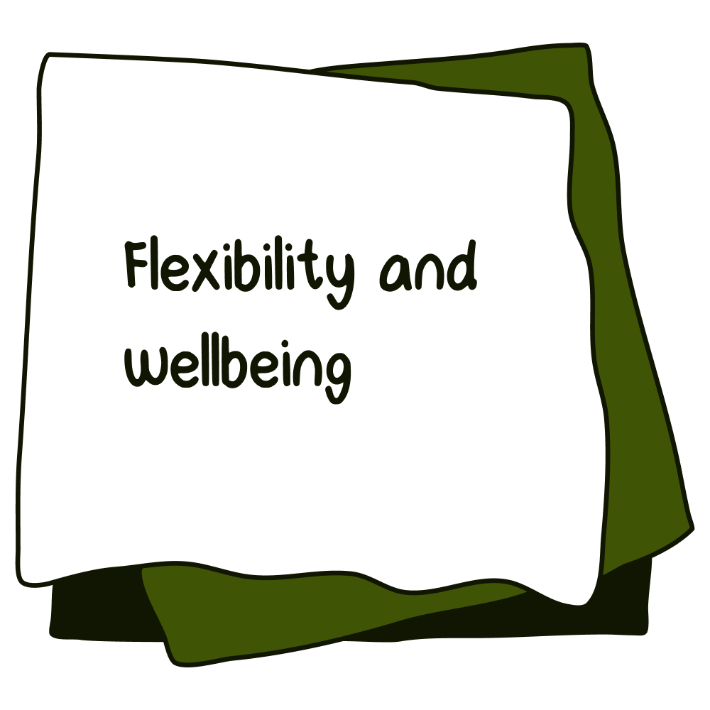 a note with 'flexibility and wellbeing' written on it
