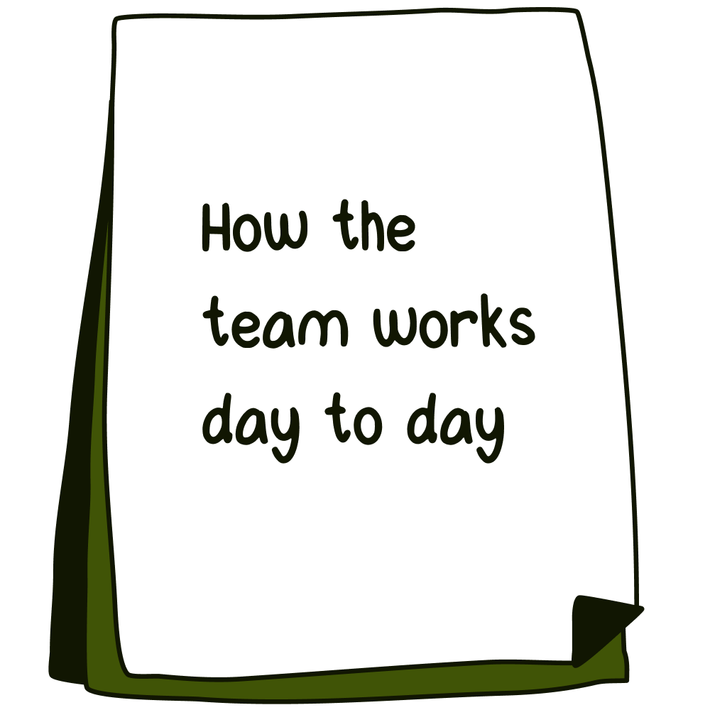 a note with 'how the team works' written on it