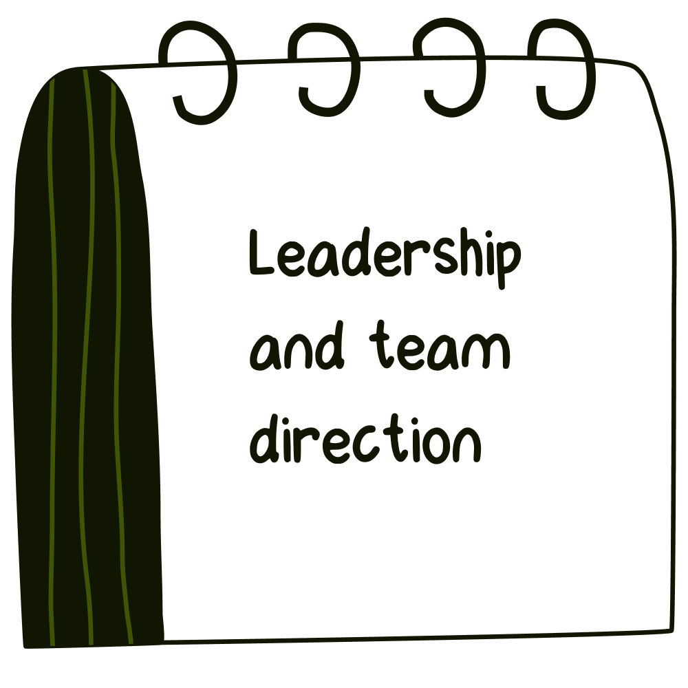 a note with 'leadership and team direction' written on it