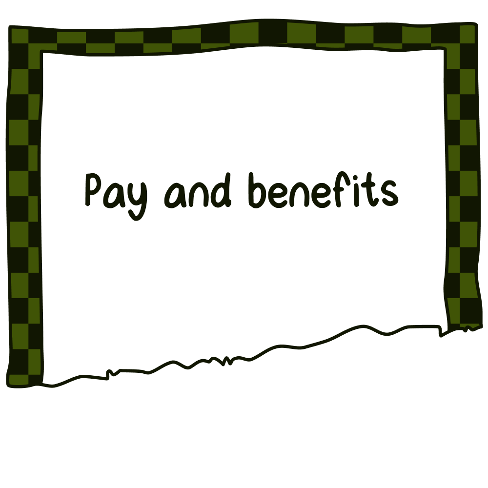 a note with 'Pay and benefits' written on it