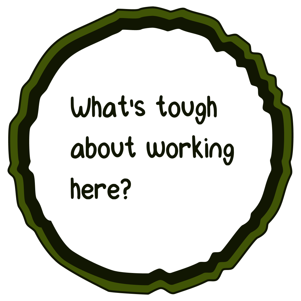 a note with 'what's tough about working here' written on it